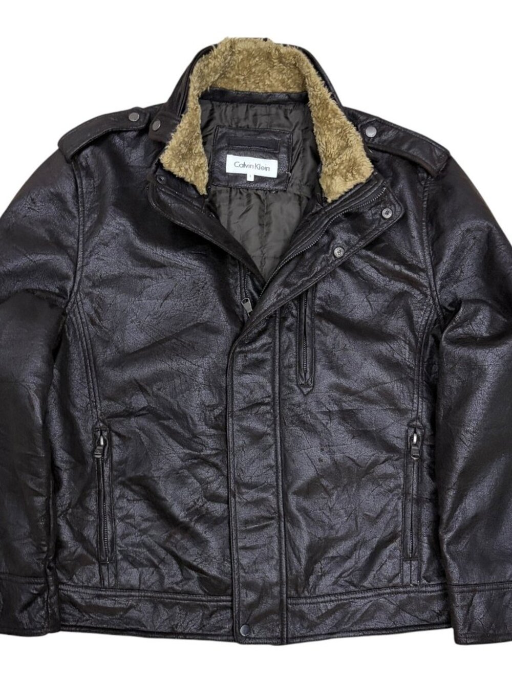 CALVIN KLEIN Faux Leather Coat Shearling Fleece Bomber Designer Jacket Men Large